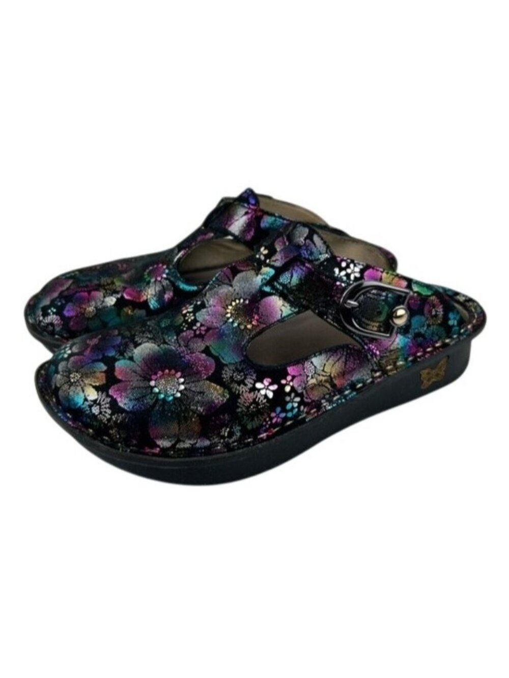 Alegria Floral Rainbow Iridescent Mary Jane Clogs Black ALG-450 Sz 37